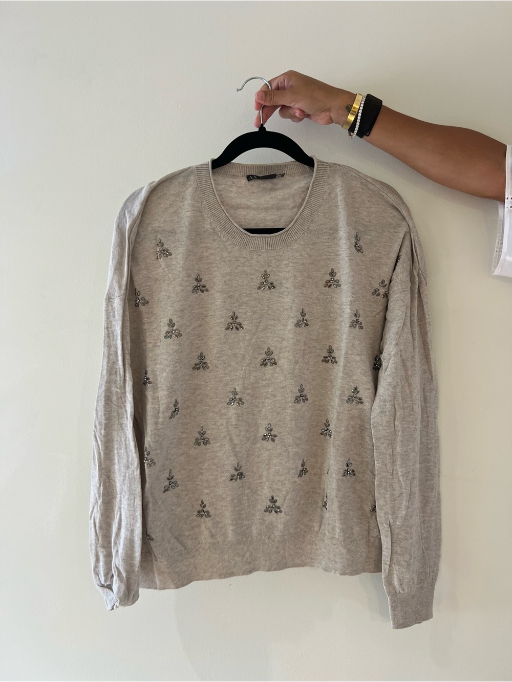Armani Exchange Light Taupe Crewneck Sweater with Subtle Embellishments